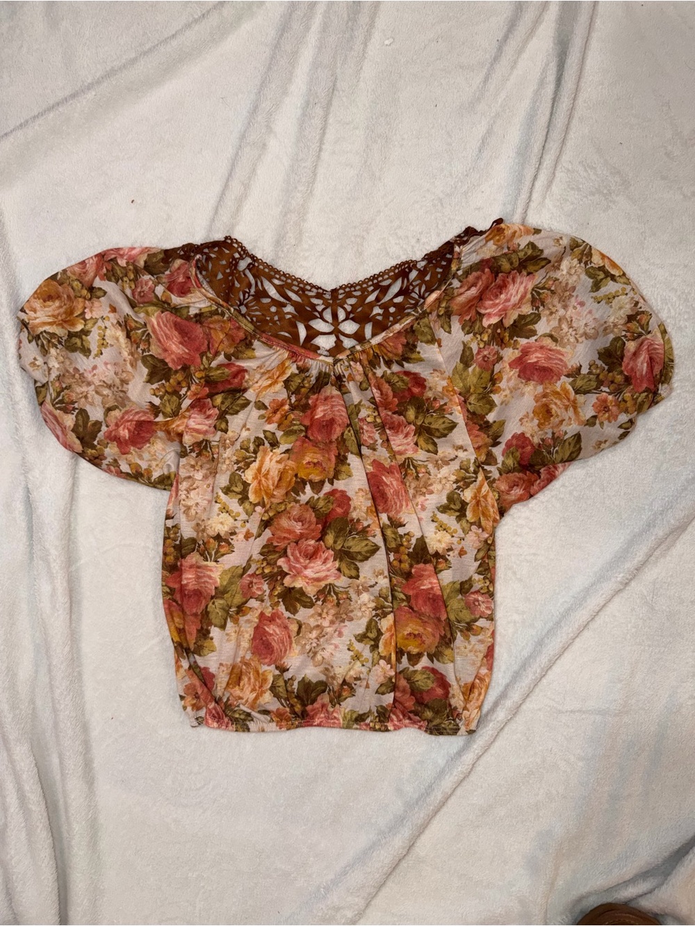 Rue21 Floral Crochet Yoke Puff Sleeve Top - Cream, Pink, Green